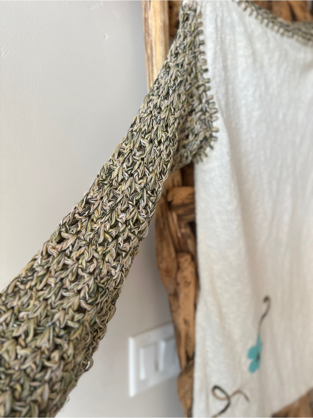 Cream Tunic Sweater with Olive Knit Sleeves and Teal Flower - Picture 2 of 5